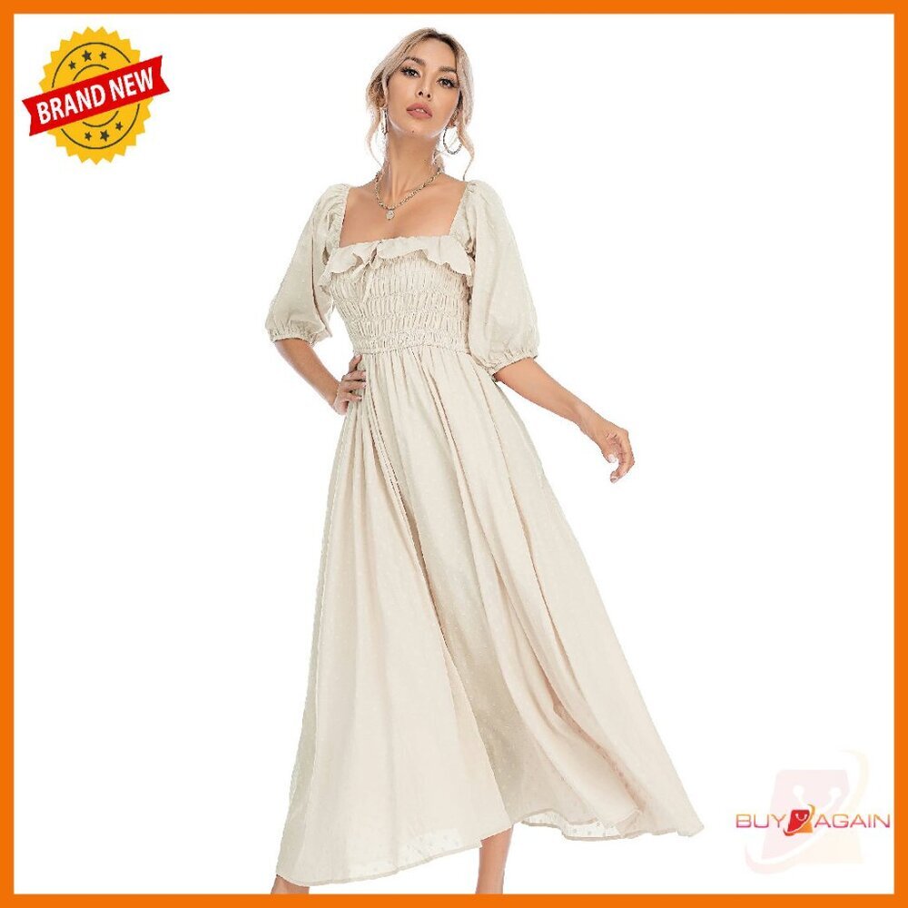 Cotton Backless Midi Dress with Ruffled Neckline and Puff Sleeves